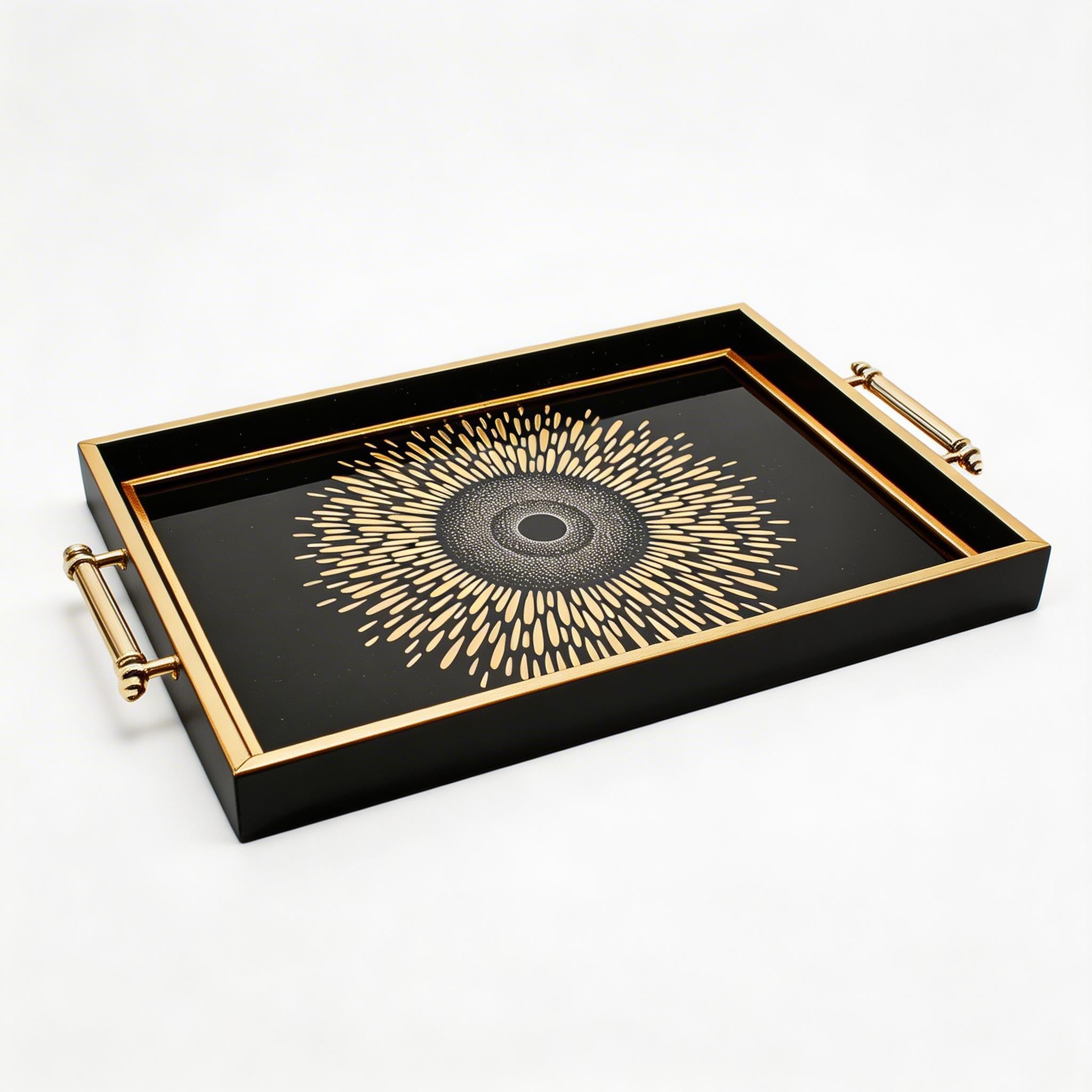 Black & Gold Sunburst Eye Decorative Serving Tray with Handles
