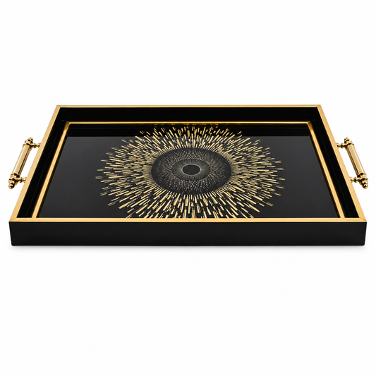 Black & Gold Sunburst Eye Decorative Serving Tray with Handles