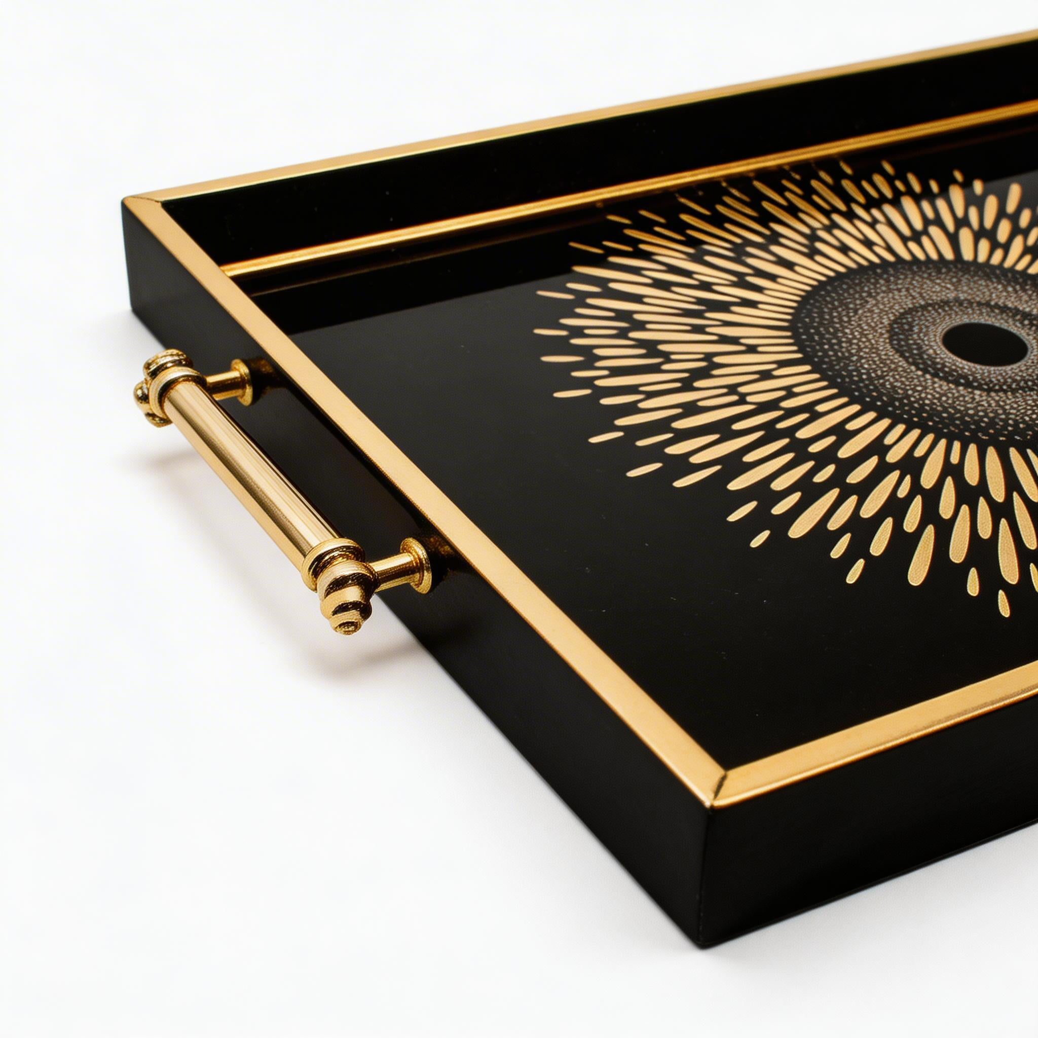 Black & Gold Sunburst Eye Decorative Serving Tray with Handles