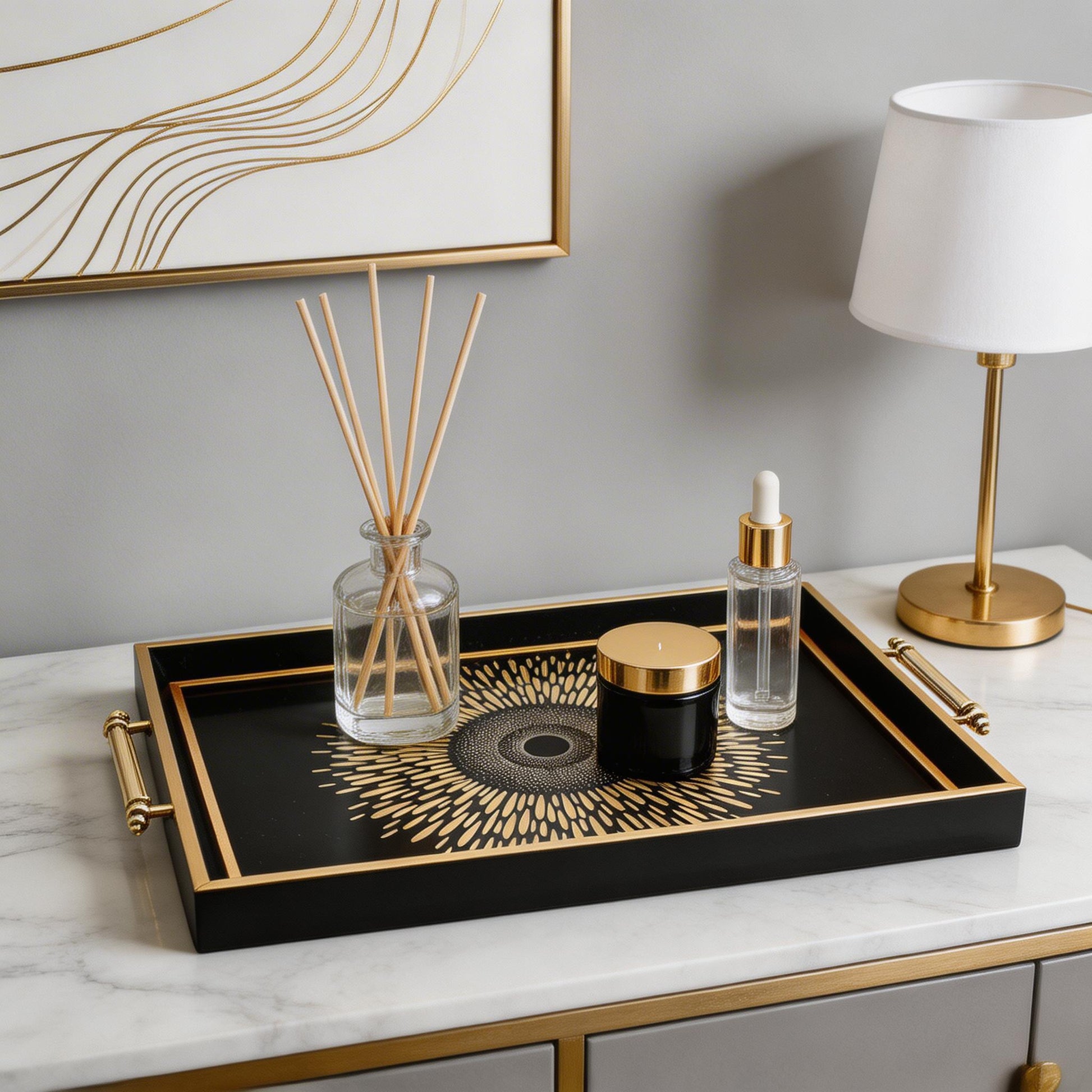 Black & Gold Sunburst Eye Decorative Serving Tray with Handles