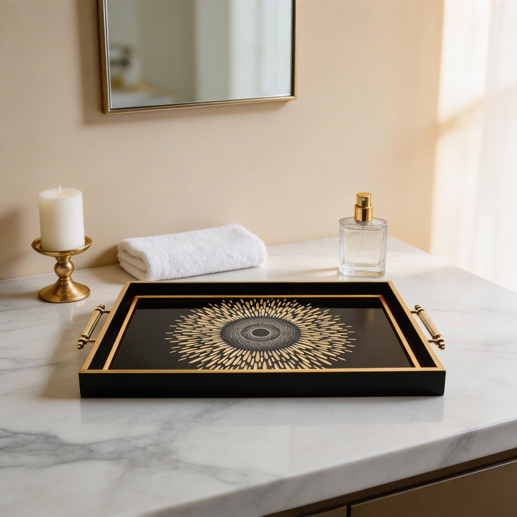 Black & Gold Sunburst Eye Decorative Serving Tray with Handles