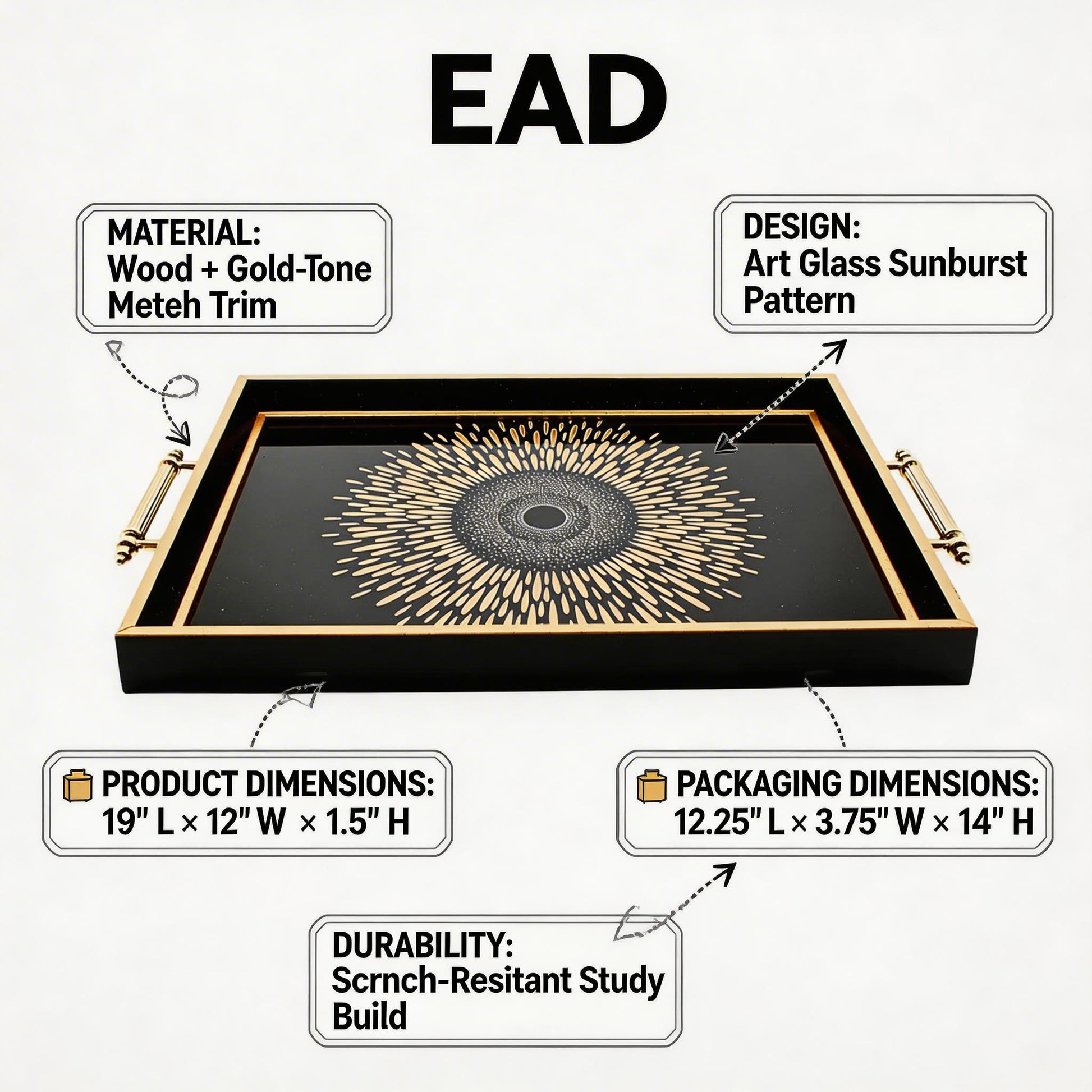Black & Gold Sunburst Eye Decorative Serving Tray with Handles