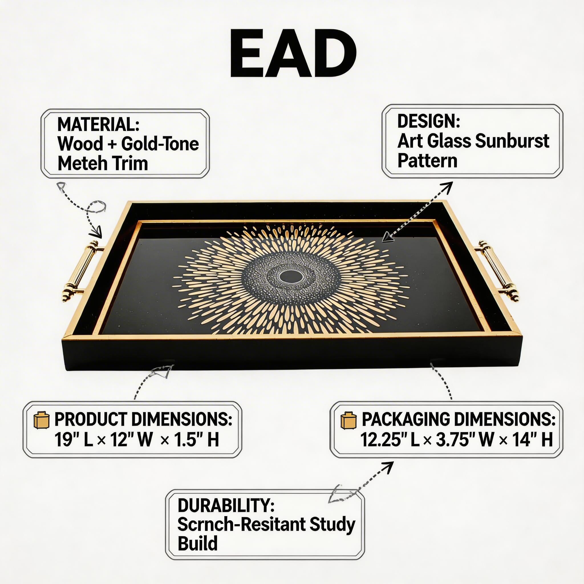 Black & Gold Sunburst Eye Decorative Serving Tray with Handles