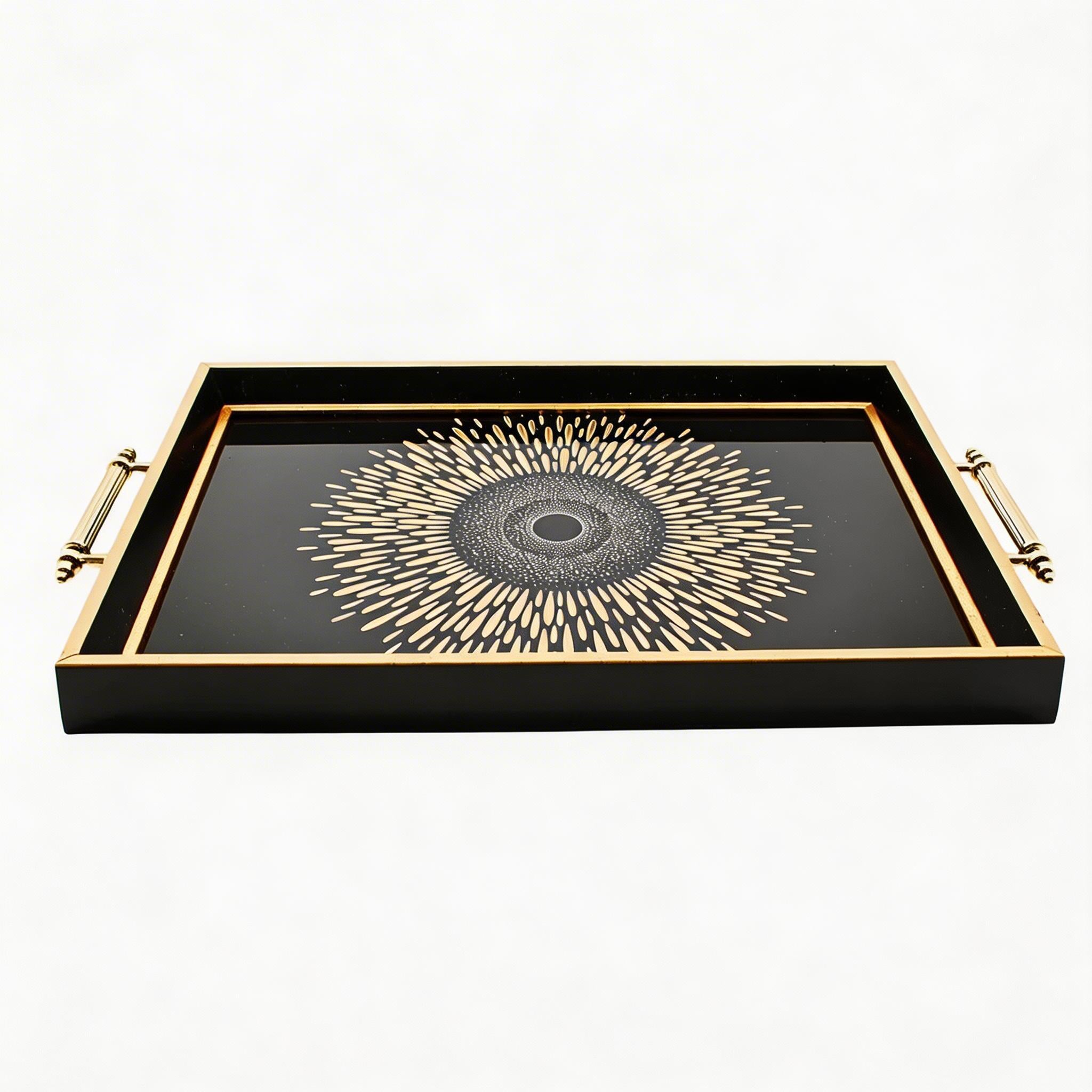 Black & Gold Sunburst Eye Decorative Serving Tray with Handles
