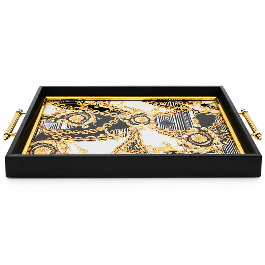 Black & Gold Chain Motif Decorative Serving Tray with Handles