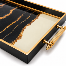 Black & Gold Abstract Marble Decorative Serving Tray with Gold Handles