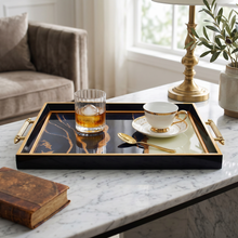 Black & Gold Abstract Marble Decorative Serving Tray with Gold Handles