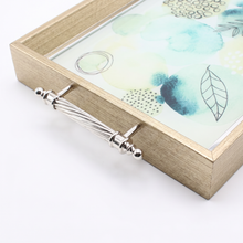 Emerald Botanical Glass Serving Tray with Natural Wood Frame & Silver Handles
