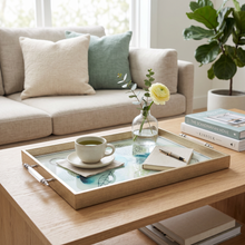Emerald Botanical Glass Serving Tray with Natural Wood Frame & Silver Handles