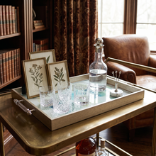 Emerald Botanical Glass Serving Tray with Natural Wood Frame & Silver Handles