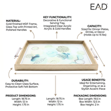Emerald Botanical Glass Serving Tray with Natural Wood Frame & Silver Handles