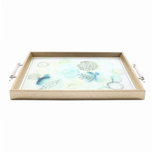 Emerald Botanical Glass Serving Tray with Natural Wood Frame & Silver Handles