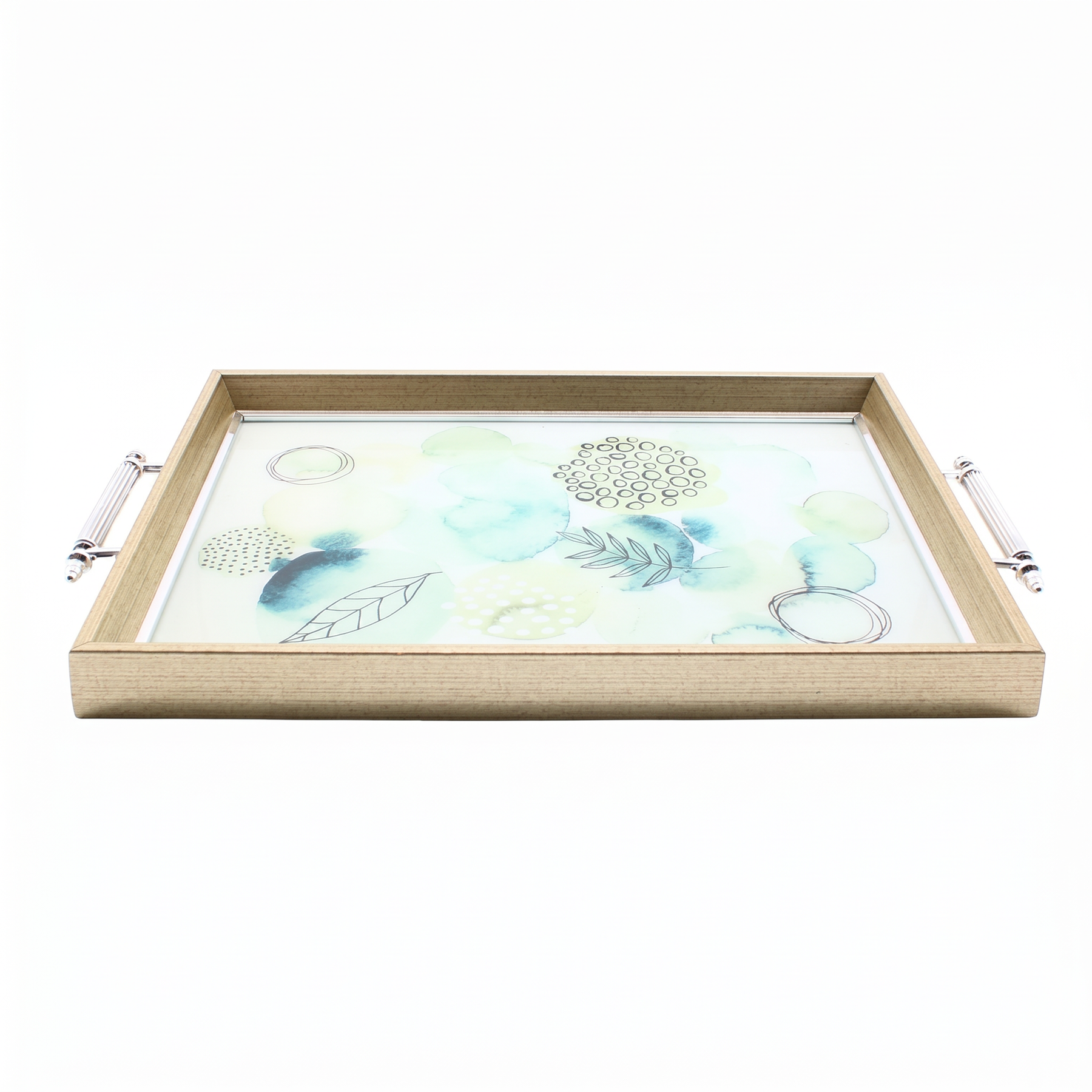 Emerald Botanical Glass Serving Tray with Natural Wood Frame & Silver Handles