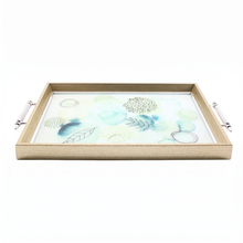 Emerald Botanical Glass Serving Tray with Natural Wood Frame & Silver Handles