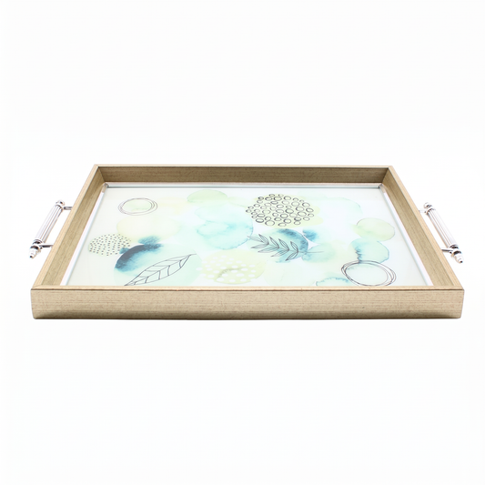 Emerald Botanical Glass Serving Tray with Natural Wood Frame & Silver Handles