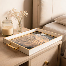 Gold Abstract Woodgrain Glass Serving Tray with Champagne Frame & Gold Handles
