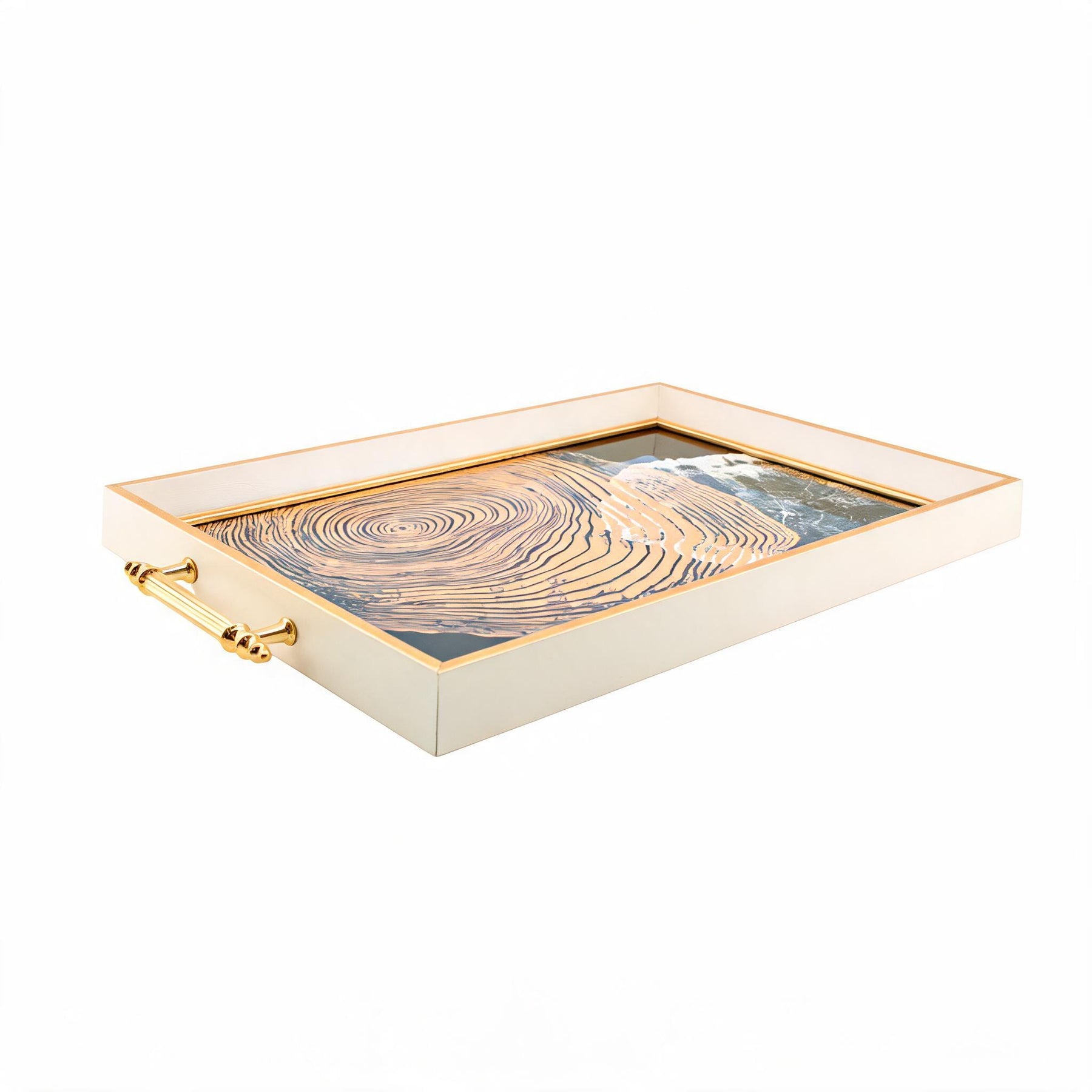 Gold Abstract Woodgrain Glass Serving Tray with Champagne Frame & Gold Handles