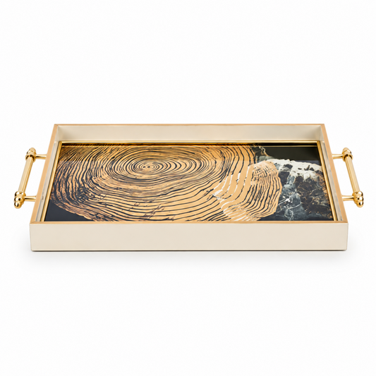 Gold Abstract Woodgrain Glass Serving Tray with Champagne Frame & Gold Handles – 17.75-Inch