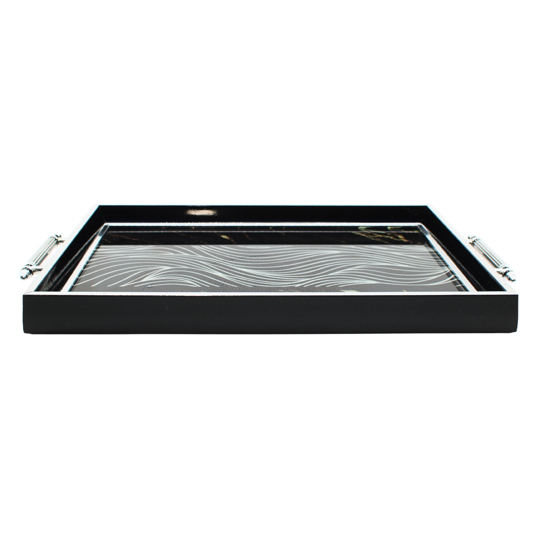 Black & Silver Abstract Glass Serving Tray with Modern Wave Design