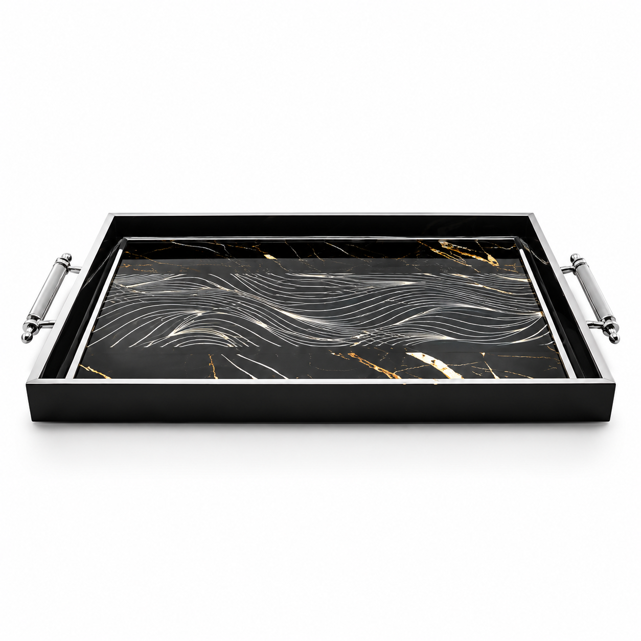 Black & Silver Abstract Glass Serving Tray with Modern Wave Design
