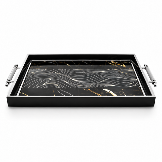 Black & Silver Abstract Glass Serving Tray with Modern Wave Design