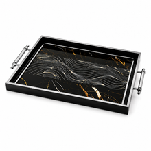Black & Silver Abstract Glass Serving Tray with Modern Wave Design