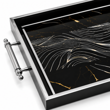 Black & Silver Abstract Glass Serving Tray with Modern Wave Design