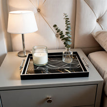 Black & Silver Abstract Glass Serving Tray with Modern Wave Design