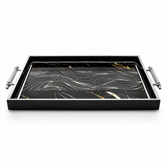 Black & Silver Abstract Glass Serving Tray with Handles – Modern Wave Design, 17.75 x 9.75 in