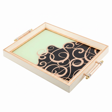 Off-White, Black & Gold Glass Serving Tray with Elegant Scroll Design