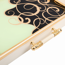 Off-White, Black & Gold Glass Serving Tray with Elegant Scroll Design