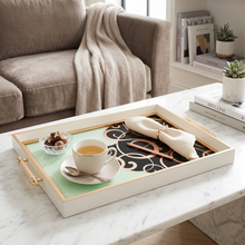 Off-White, Black & Gold Glass Serving Tray with Elegant Scroll Design