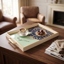 Off-White, Black & Gold Glass Serving Tray with Elegant Scroll Design