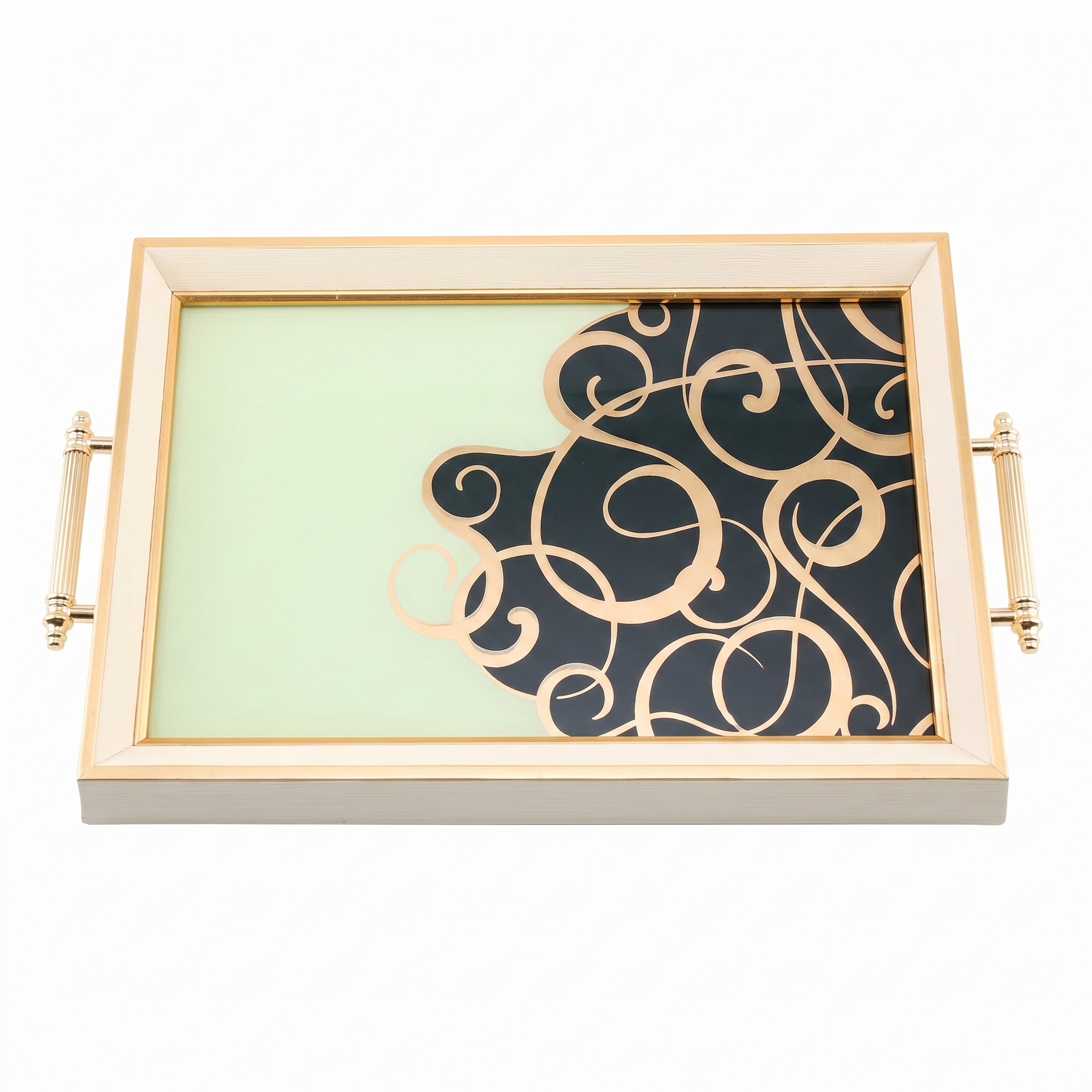 Off-White, Black & Gold Glass Serving Tray with Elegant Scroll Design