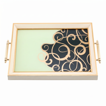 Off-White, Black & Gold Glass Serving Tray with Elegant Scroll Design