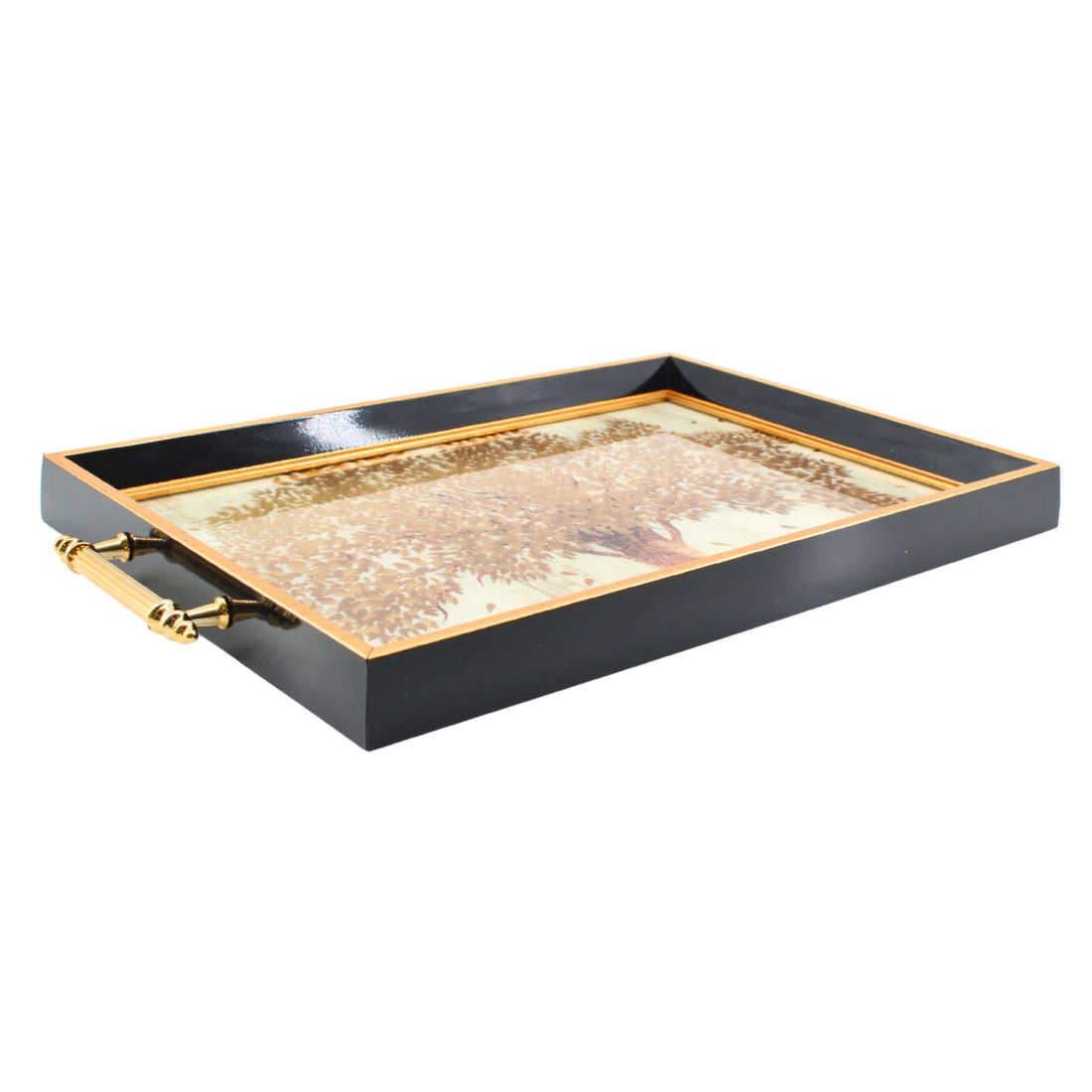 Black & Gold Tree of Life Glass Serving Tray with Gold Handles
