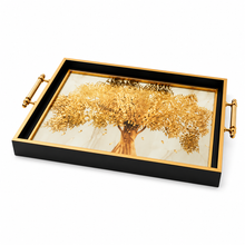 Black & Gold Tree of Life Glass Serving Tray with Gold Handles