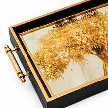 Black & Gold Tree of Life Glass Serving Tray with Gold Handles