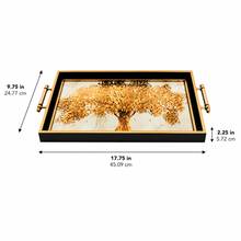 Black & Gold Tree of Life Glass Serving Tray with Gold Handles