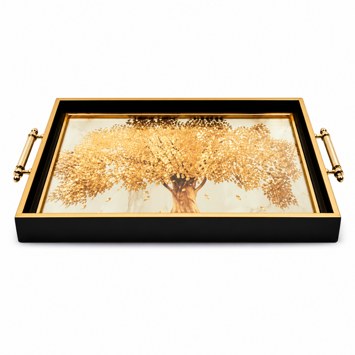 Black & Gold Tree of Life Glass Serving Tray with Gold Handles – 17.75-Inch