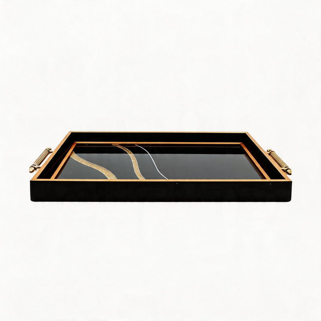 Black & Gold Abstract Glass Serving Tray with Gold Handles