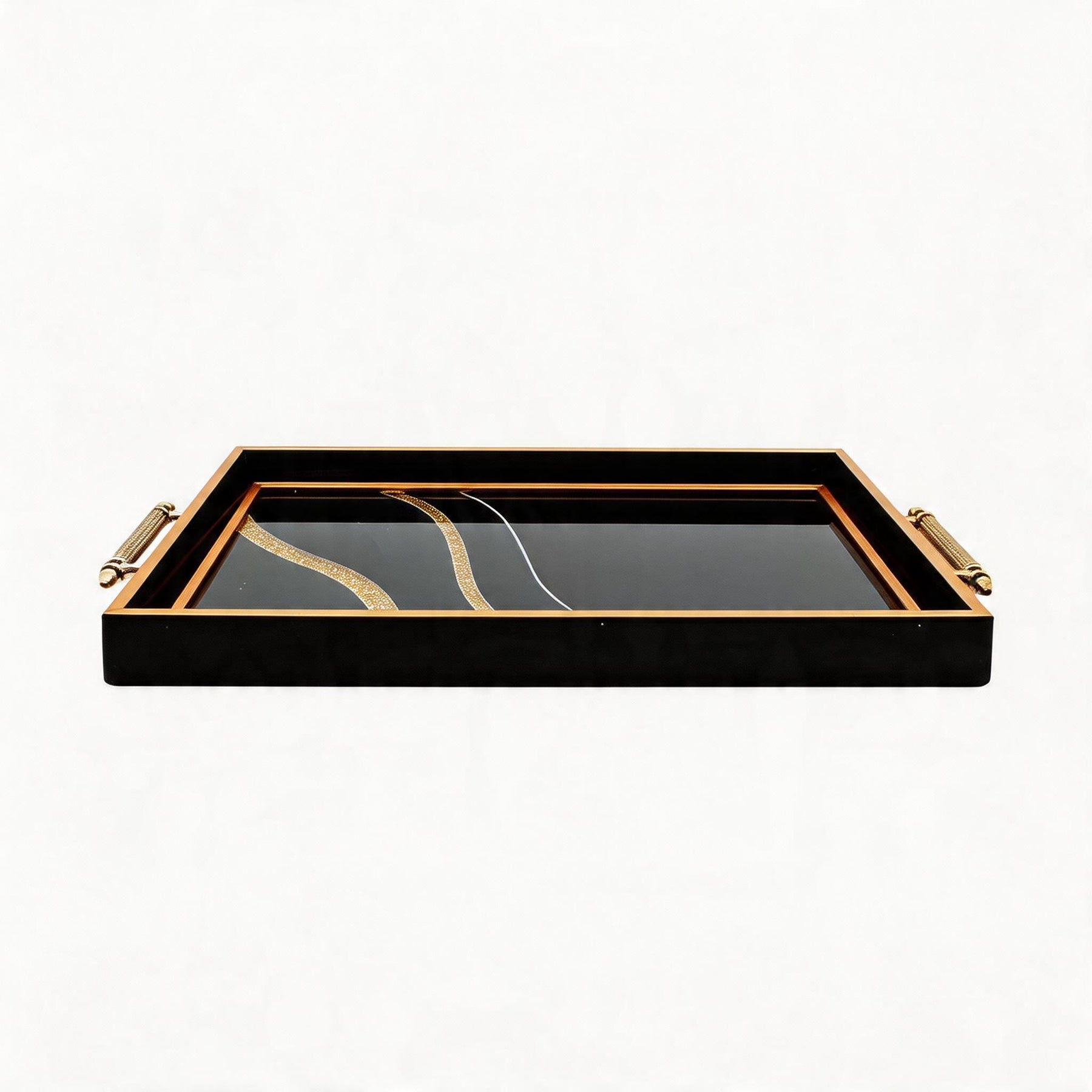 Black & Gold Abstract Glass Serving Tray with Gold Handles