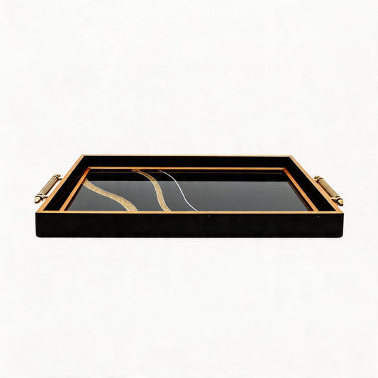 Black & Gold Abstract Glass Serving Tray with Gold Handles