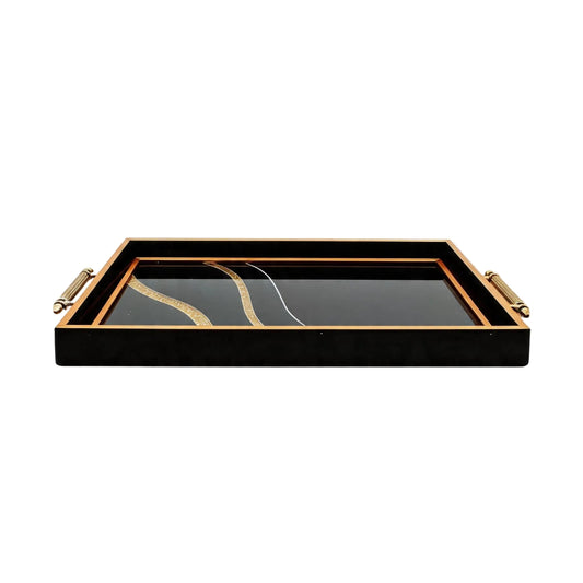 Black & Gold Abstract Glass Serving Tray with Gold Handles - 19 x 12 Inch Decorative Rectangular Tray