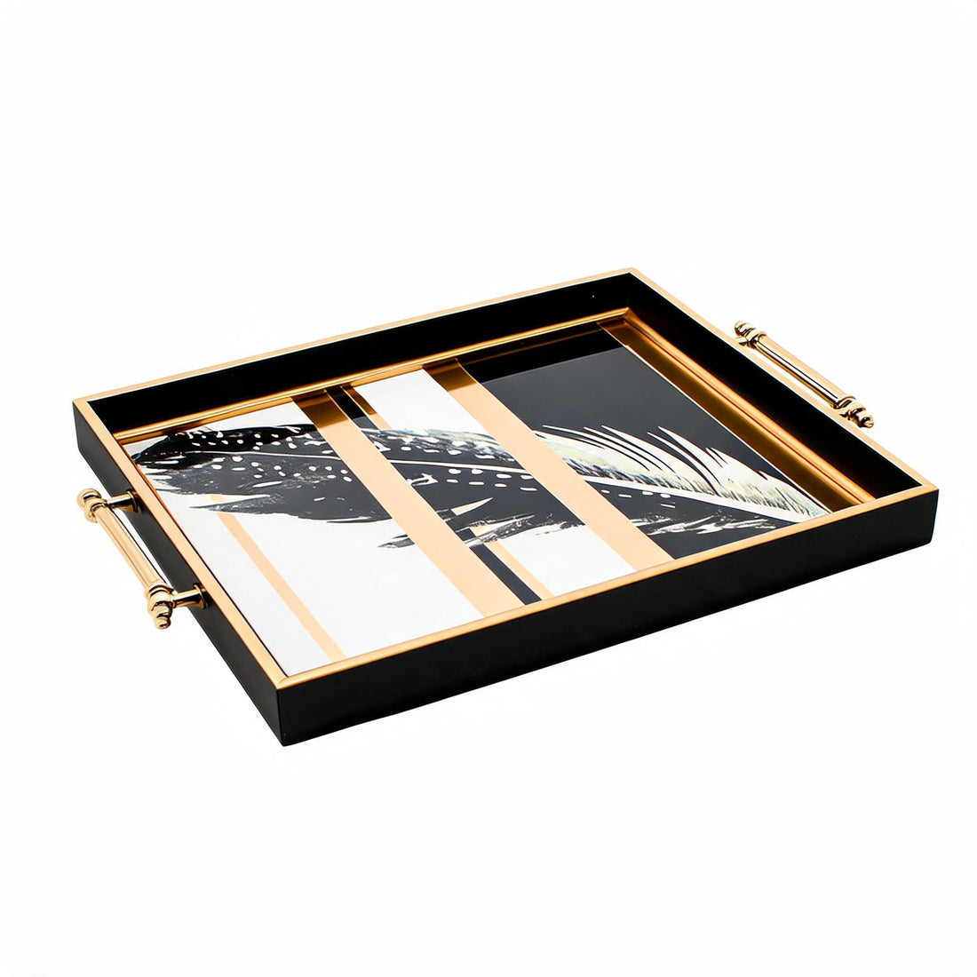 Black & Gold Feather Glass Serving Tray with Gold Handles