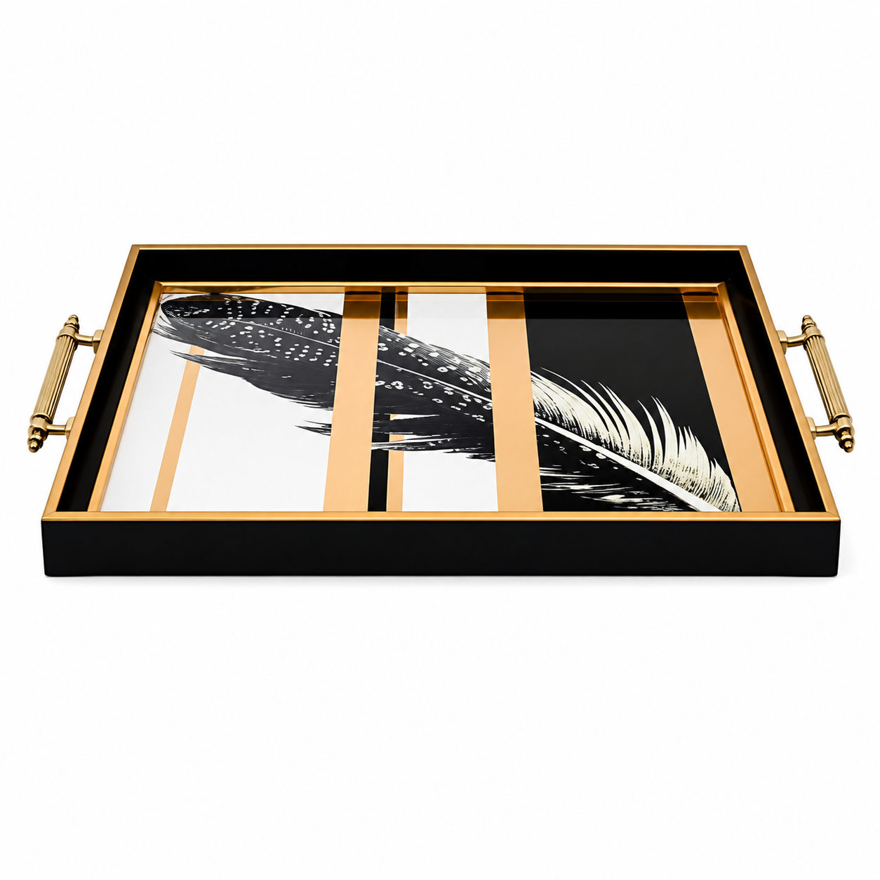 Black & Gold Feather Glass Serving Tray with Gold Handles