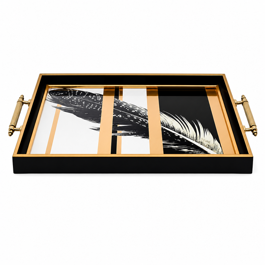 Black & Gold Feather Glass Serving Tray with Gold Handles