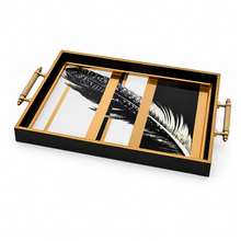 Black & Gold Feather Glass Serving Tray with Gold Handles