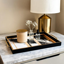 Black & Gold Feather Glass Serving Tray with Gold Handles