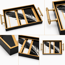 Black & Gold Feather Glass Serving Tray with Gold Handles
